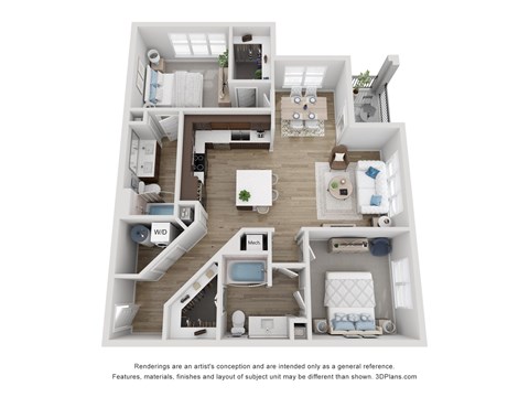 A 3D floor plan of a house with a kitchen, living room, and bedrooms.